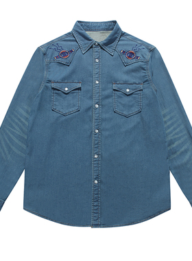 猎人西部衬衫外套阿美咔叽轻薄微弹湛蓝色水洗丹宁布休闲衬衫男