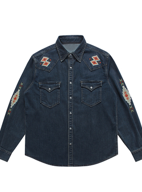 刺绣牛仔外套男潮牌宽松休闲大码潮流上衣重工刺绣西部牛仔衬衫
