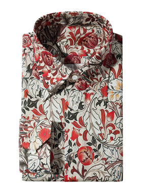 新款男士商务修身藤蔓之花印花长袖高端海岛棉纯棉手工定制衬衫