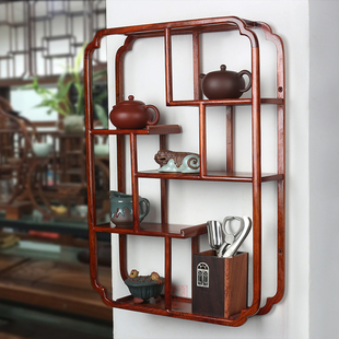 花梨博古架实木中式壁挂墙上多宝阁茶壶茶叶架子墙柱置物架古董架