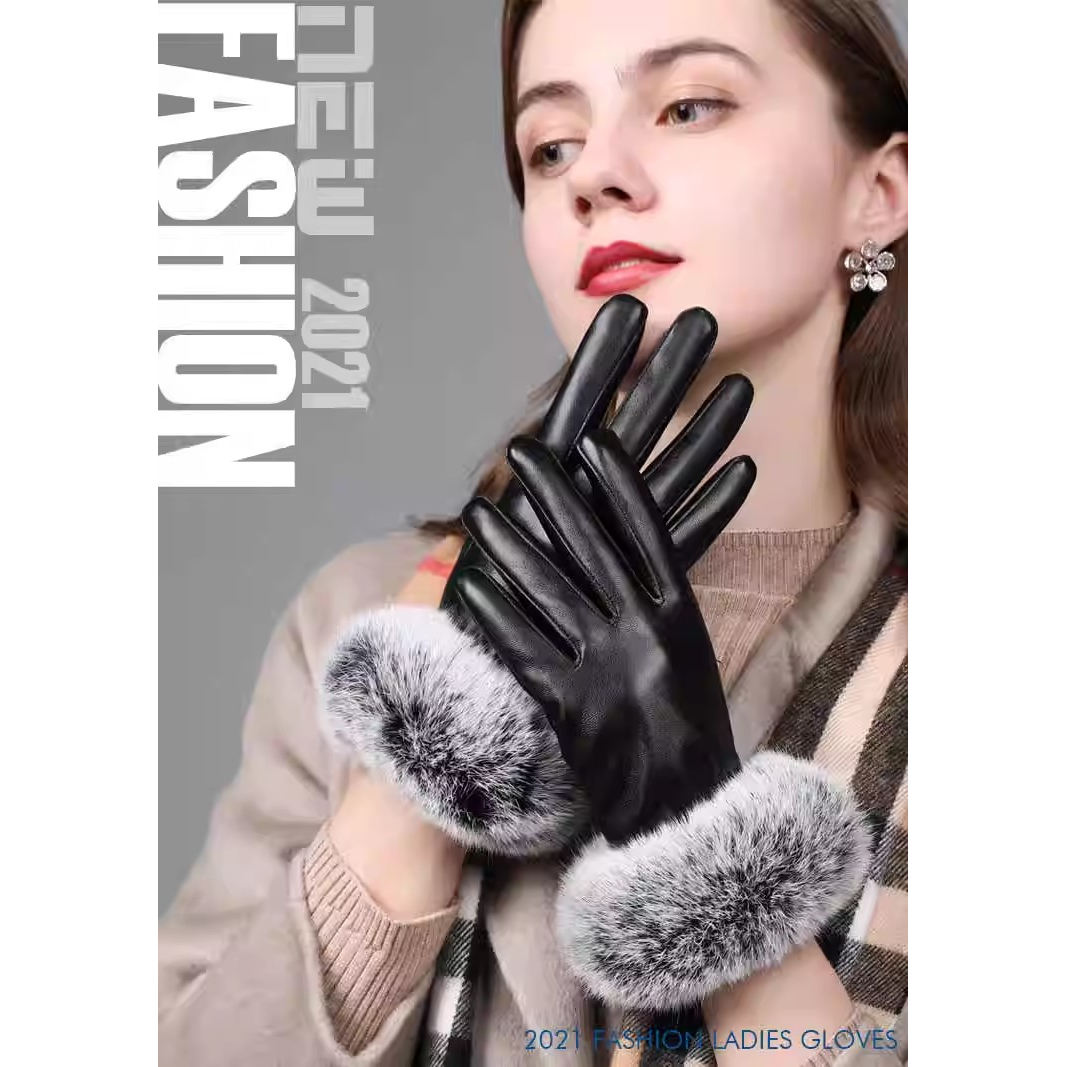 新款皮手套女冬季獭兔毛口头层羊皮加绒加厚保暖时尚触屏真皮手套