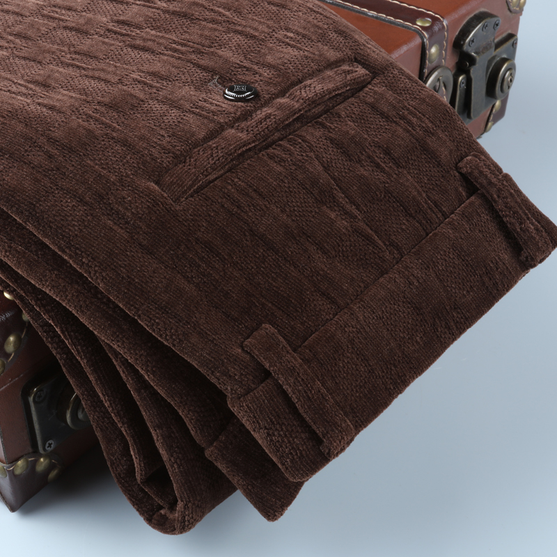 清仓冬季时尚男裤格子灯芯绒休闲裤男咖啡色保暖弹力小脚长裤厚款