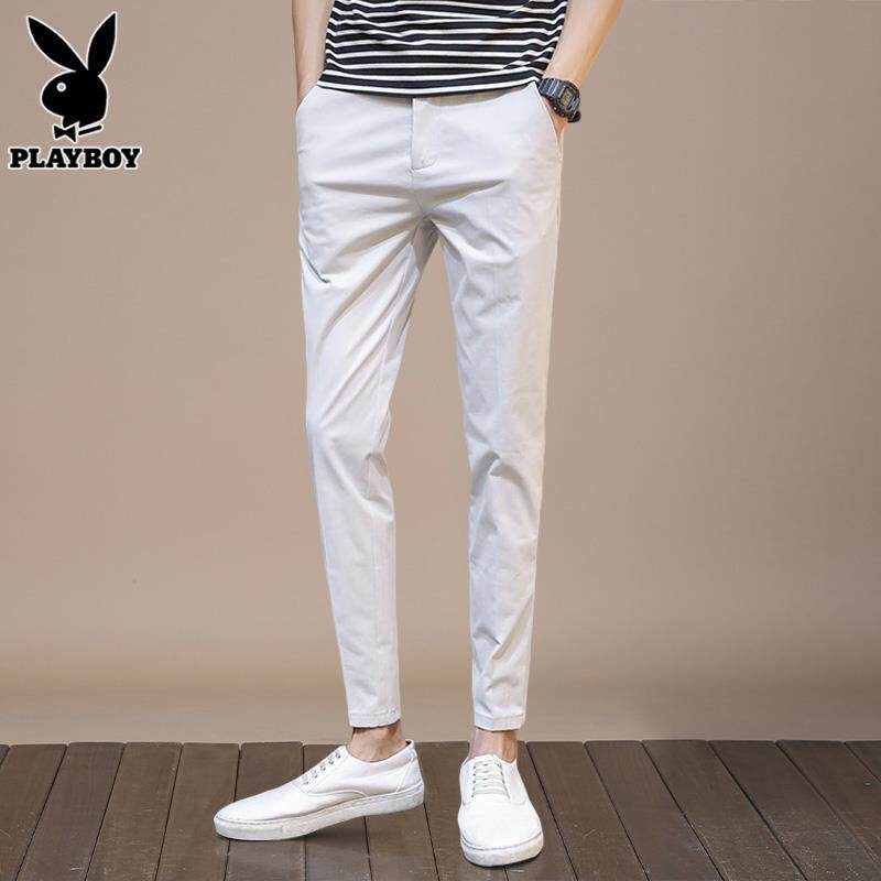 花花公子浅灰九分休闲裤男士修身小脚秋季2024年潮流百搭长裤子男