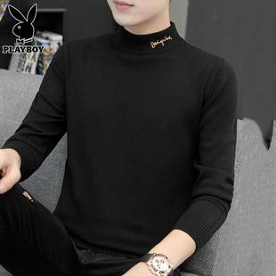 花花公子新款毛衣男士半高领打底衫秋冬季修身青年黑色针织衫男款
