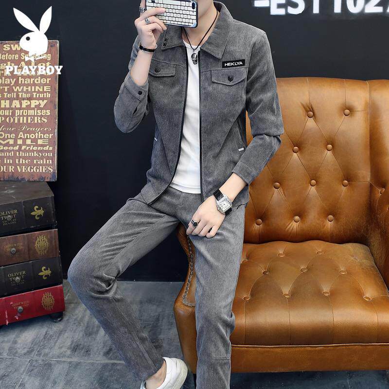 花花公子灯芯绒套装男士春秋季2024新款潮流休闲搭配帅气一套男装