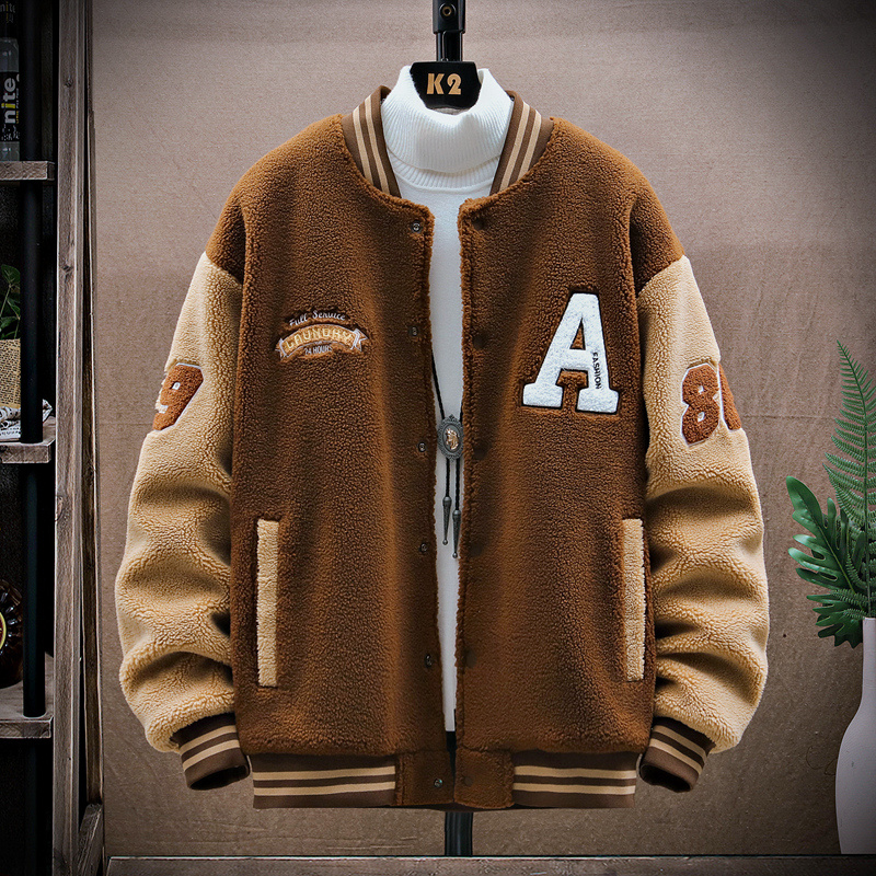 棒球服男羊羔绒毛外套男士潮牌日系复古字母刺绣冬季保暖情侣棉衣