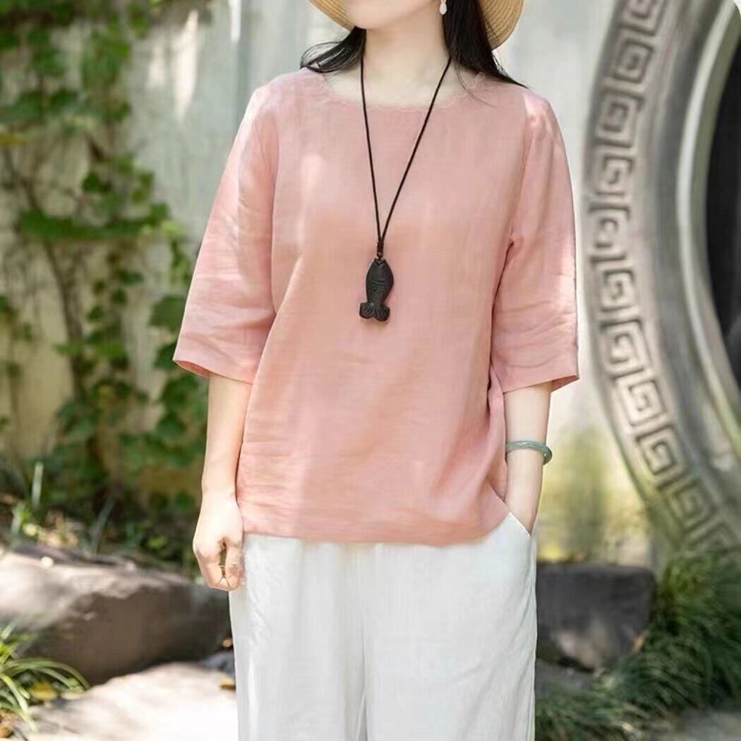 中年妈妈复古苧麻圆领短袖T恤女新款宽松大尺码纯色素雅棉麻上衣