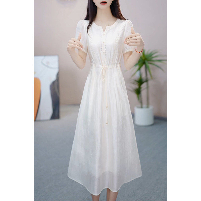 年轻妈妈2026夏季新款气质白色短袖连衣裙女宽松遮肚显瘦长裙薄款
