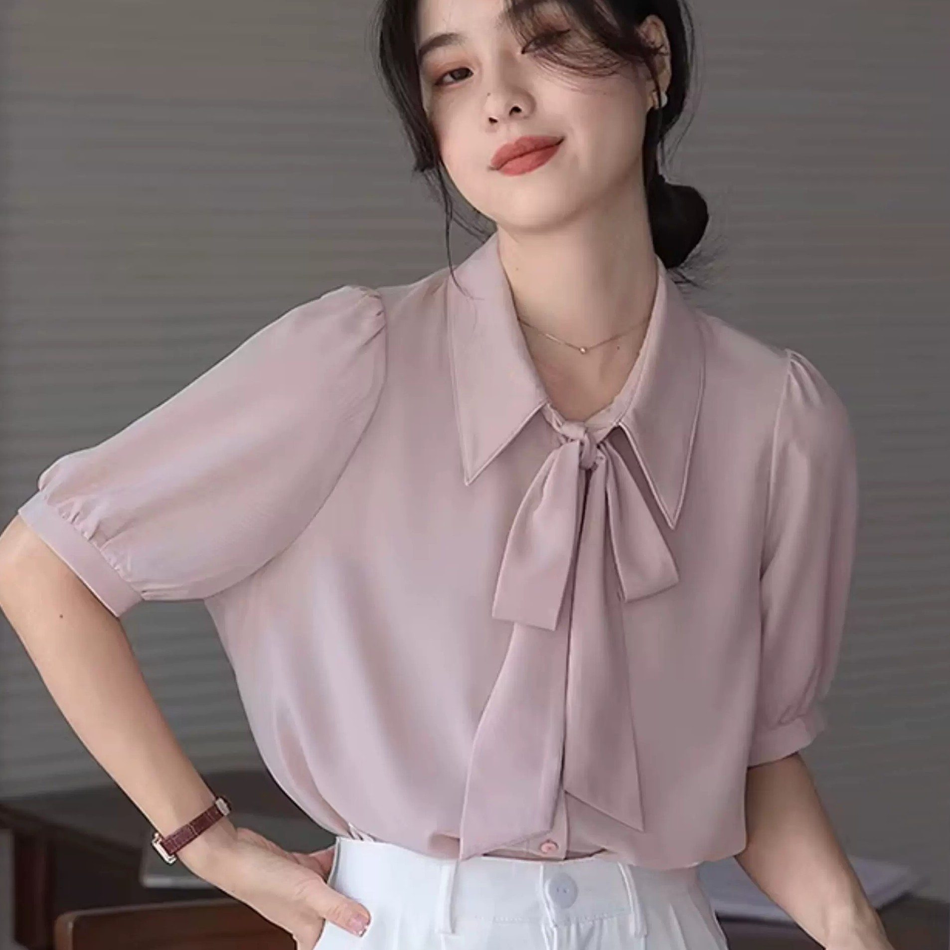 2026夏季新款气质蝴蝶结雪纺衬衫短袖女减龄显瘦泡泡袖边上衣薄款