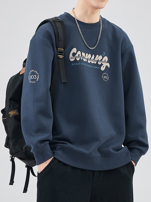 潮牌蓝色卫衣男2025年新款春秋季薄款美式圆领重磅宽松青年上衣服