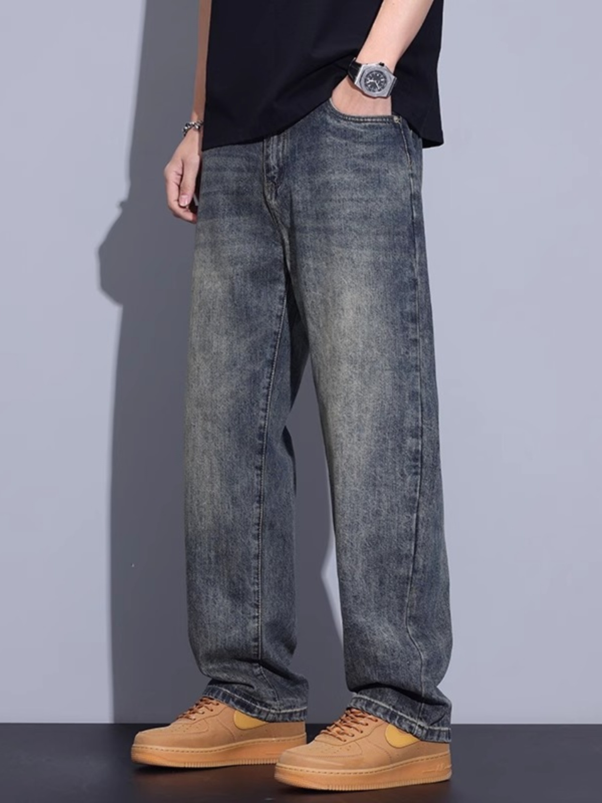 潮牌2025春秋季新款美式覆古户外牛仔裤男士时尚宽松直筒牛仔裤潮