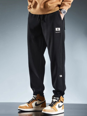 潮牌加绒加厚休闲裤子男士秋冬季哈伦束脚长裤御寒保暖带绒运动裤