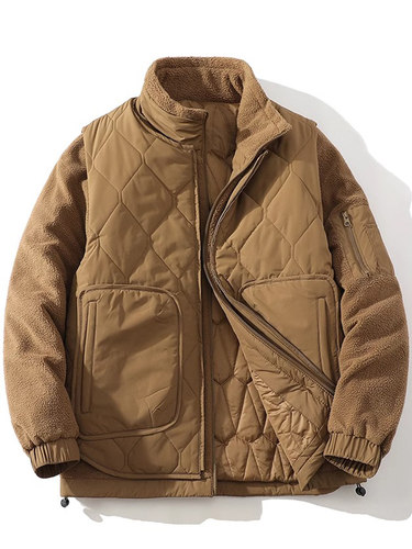 潮牌冬季羊羔绒真两件可拆卸简约立领棉衣男马甲宽松覆古棉服外套