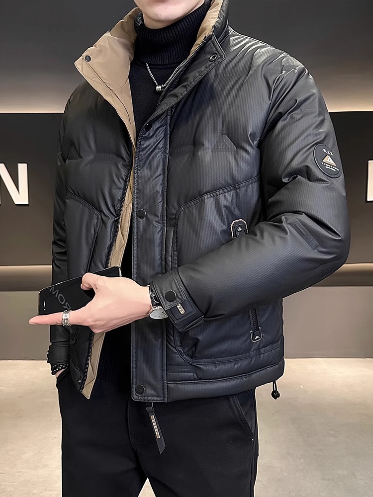 潮牌皮羽绒服男冬季2025新款高端口袋拉炼设计加厚短款防风外套