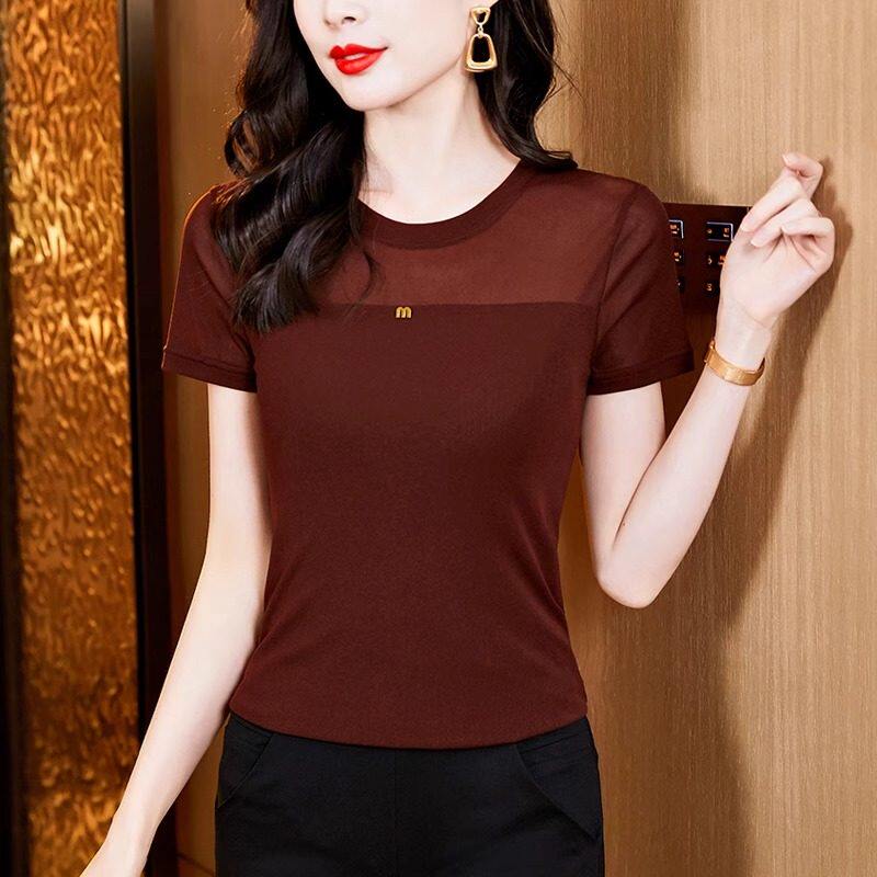 中年妈妈高端圆领网纱短袖T恤女士夏季薄款2026新款韩版洋气小衫