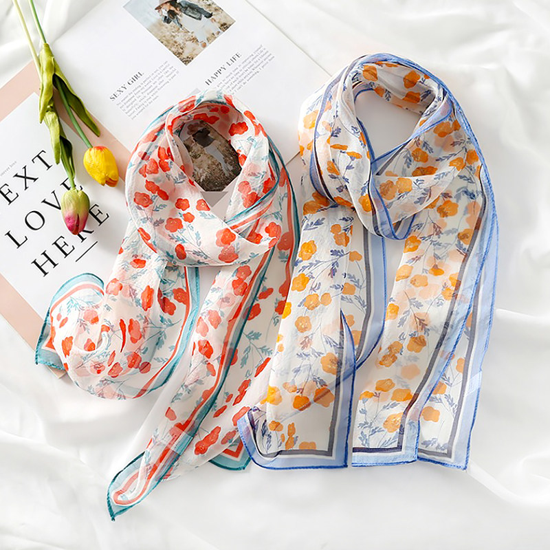 清新碎花细窄长条装饰飘带真丝丝巾女春夏薄款防晒护颈桑蚕丝围脖