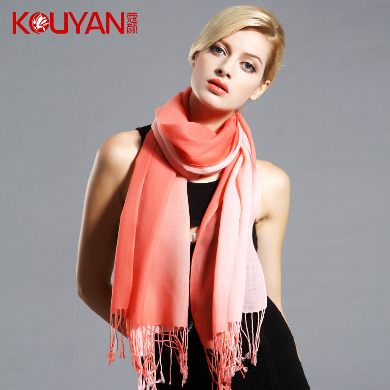 100%羊毛围巾秋冬女 渐变色外搭保暖围脖 长款流苏简约款百搭披肩