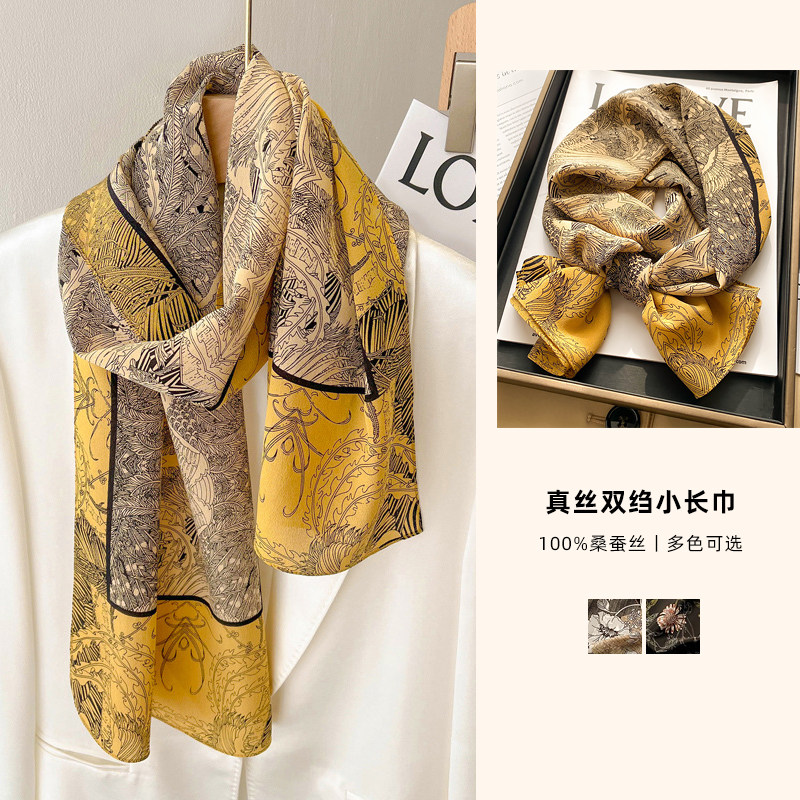 秋冬复古油画长条小丝巾真丝双绉