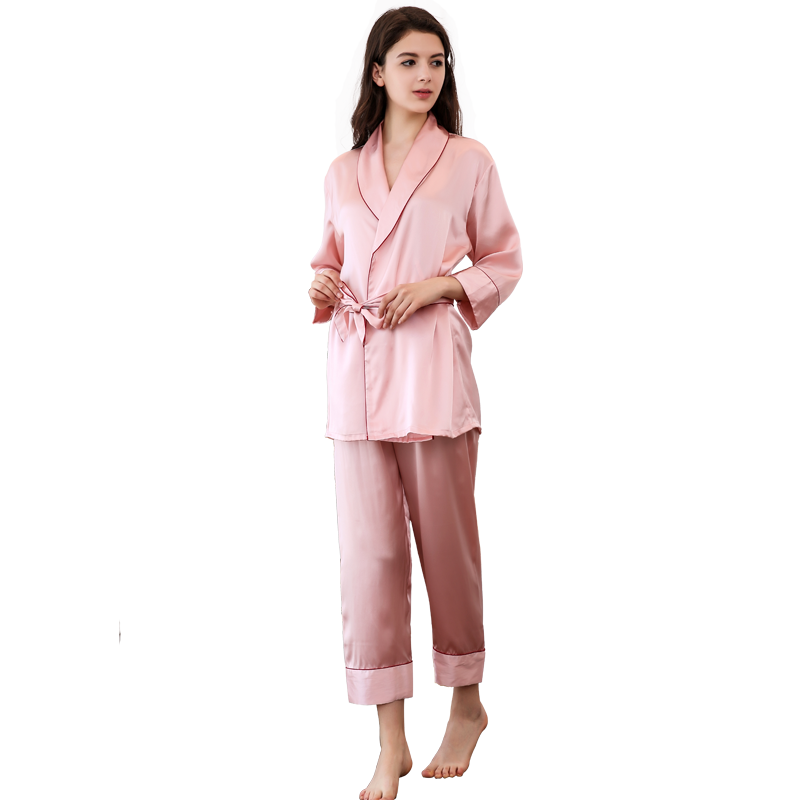 夏季系带宽松丝绸家居服长袖睡衣