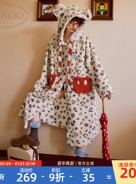 Gukoo/果壳睡袍冬季毛绒保暖新款迪士尼联名豹纹女士家居服睡袍D
