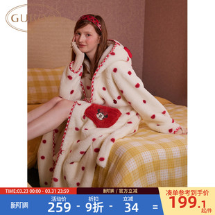 迪士尼联名波点家居服睡袍D 珊瑚绒保暖新款 Gukoo 果壳睡袍女冬季