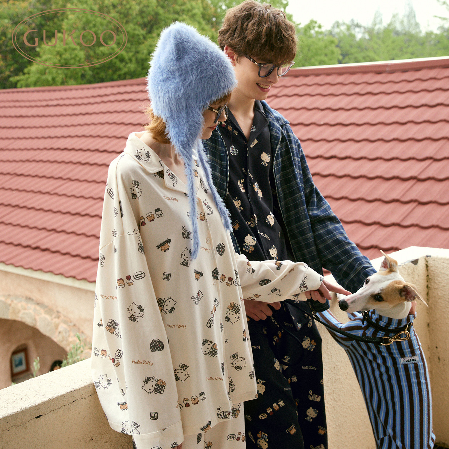 Gukoo/果壳睡衣情侣春秋款helloKitty睡衣纯棉新款男家居服套装C