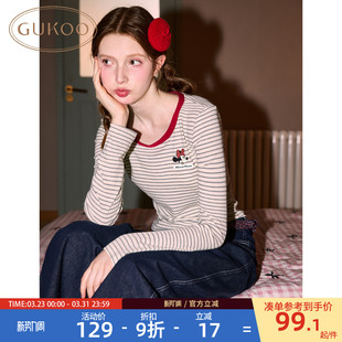 迪士尼联名新款 女春秋款 简约条纹女士简约T恤 果壳打底衫 Gukoo