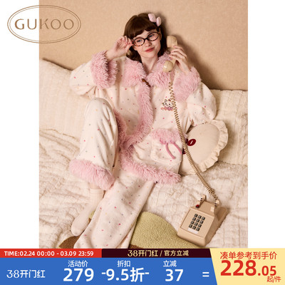 Gukoo/果壳睡衣冬迪士尼毛领女士家居服套装D