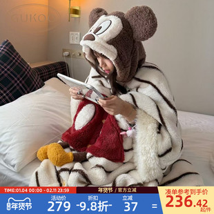 Gukoo/果壳睡袍女冬季迪士尼联名新款条纹珊瑚绒家居服斗篷睡袍D