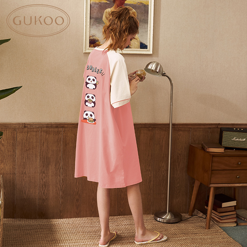 Gukoo/果壳春夏纯棉睡裙女睡衣卡通可爱可外穿家居服休闲夏短袖薄(用170元券)