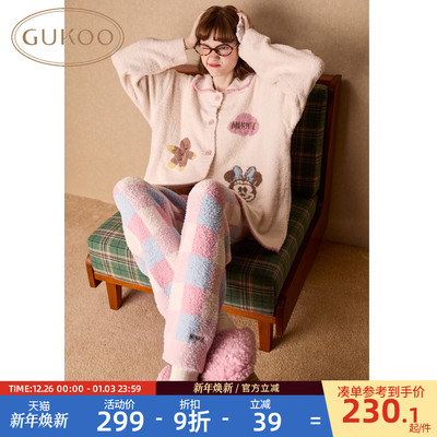 Gukoo/果壳睡衣女冬季半边绒保暖新款迪士尼联名女士家居服套装D