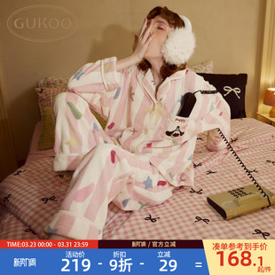 条纹保暖牛奶绒女家居服套装 Gukoo 果壳睡衣女卡通印花新款