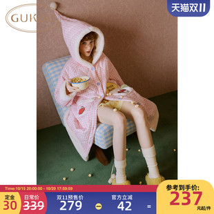 Gukoo/果壳睡袍冬季迪士尼联名新款格子夹棉可爱女士家居服睡袍D