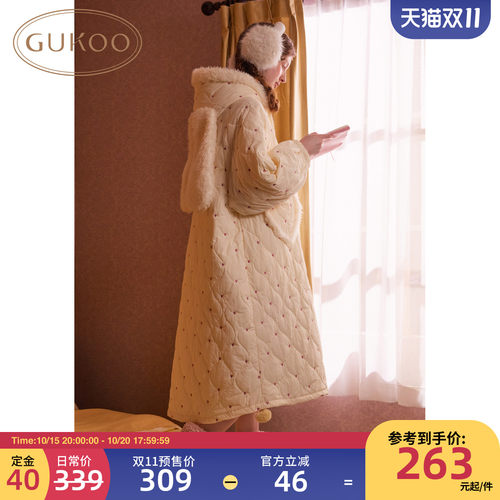 Gukoo/果壳睡袍女冬季夹棉保暖新款爱心满印女士简约家居服睡袍D