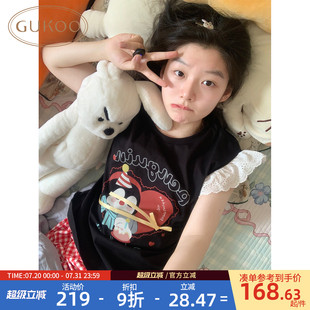 Gukoo 果壳睡衣女夏季 小企鹅印花新款 可爱纯棉女士家居服套装