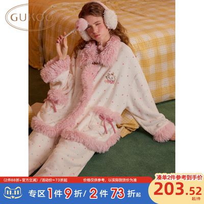 Gukoo/果壳睡衣冬季毛绒保暖新款玛丽猫联名甜美女士家居服套装D