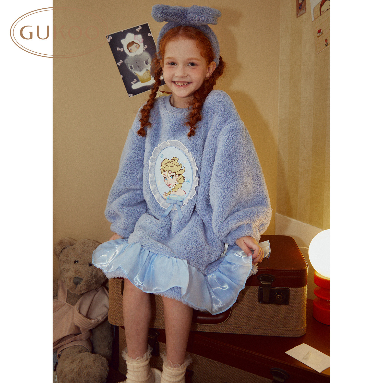 Gukoo/果壳睡裙女童冬季迪士尼联名新款保暖爱莎儿童家居服睡裙D