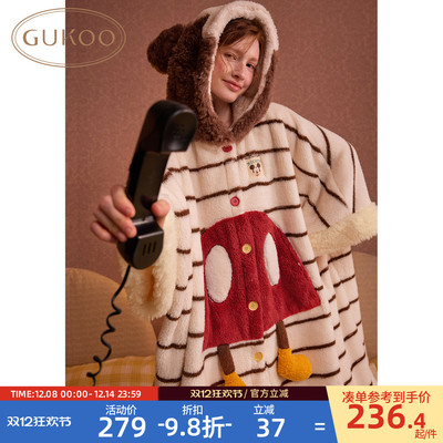 Gukoo/果壳睡袍女冬季迪士尼联名新款条纹珊瑚绒家居服斗篷睡袍D