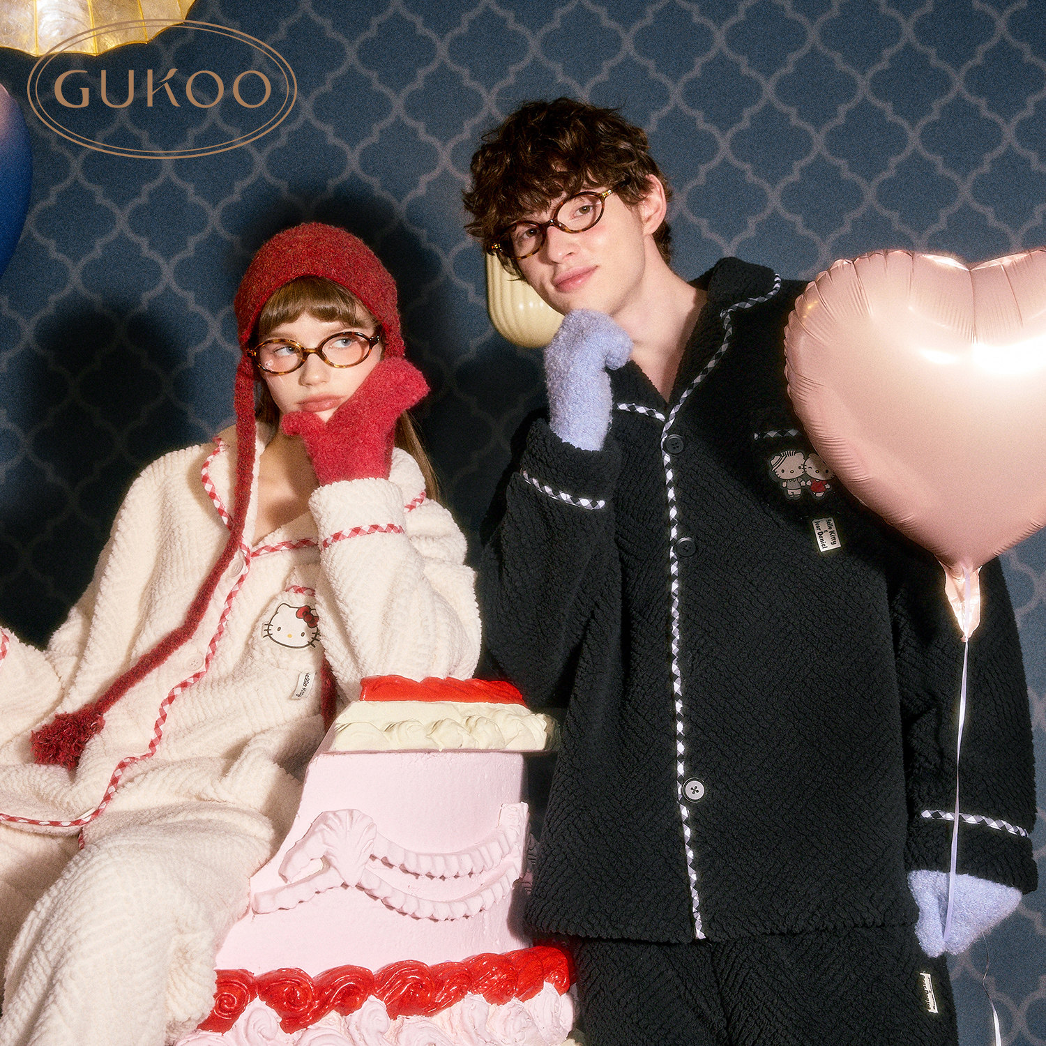 Gukoo/果壳睡衣情侣冬季HelloKitty联名新款保暖男士家居服套装D