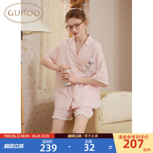 Gukoo果壳睡衣女夏玛丽猫联名无侧缝双层纱织格子纯棉家居服套装B