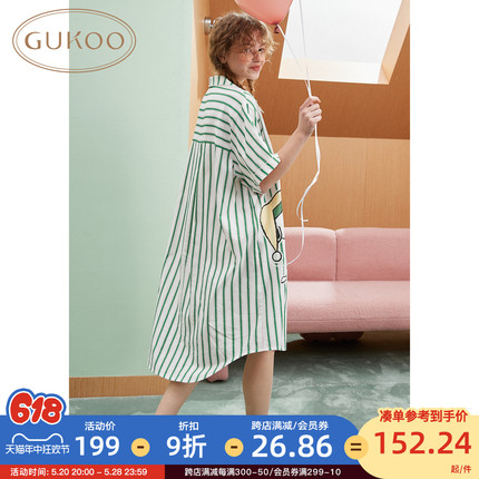 Gukoo/果壳睡裙女夏季新款史努比条纹睡衣卡通短袖家居服衬衫裙B