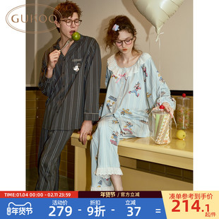 Gukoo/果壳情侣睡衣女春秋新款迪士尼双层纱纯棉男士家居服套装C