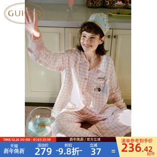 纯棉格子女士家居服套装 Gukoo 果壳睡衣女春夏轰轰小狗印花新款