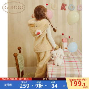 可爱小黄鸭家居服套装 珊瑚绒保暖新款 果壳儿童睡衣冬季 Gukoo