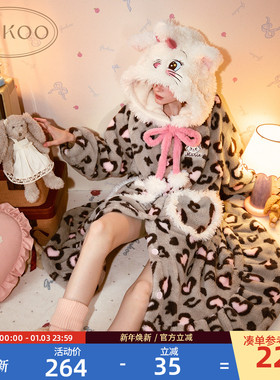 Gukoo/果壳睡袍冬季毛绒保暖新款玛丽猫联名豹纹女士家居服睡袍D