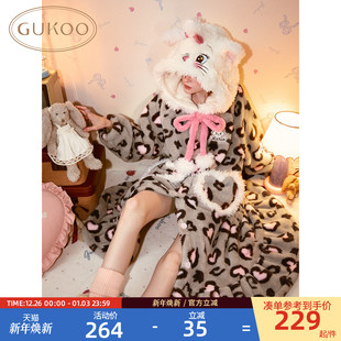 玛丽猫联名豹纹女士家居服睡袍D 毛绒保暖新款 Gukoo 果壳睡袍冬季