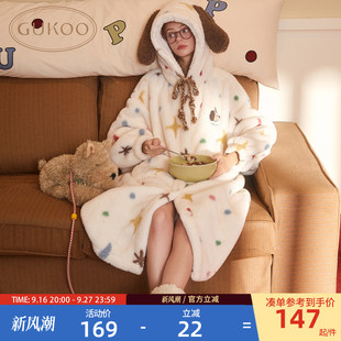 Gukoo/果壳睡袍女冬季轰轰小狗新款满印可爱薄绒女士家居服睡袍D