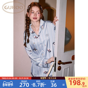 Gukoo/果壳睡衣女春秋款小企鹅满印新款宽松可爱女士家居服套装A