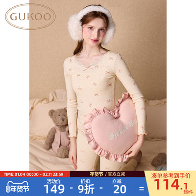 Gukoo/果壳保暖内衣女秋冬蝴蝶结满印新款贴身女士秋衣秋裤套装