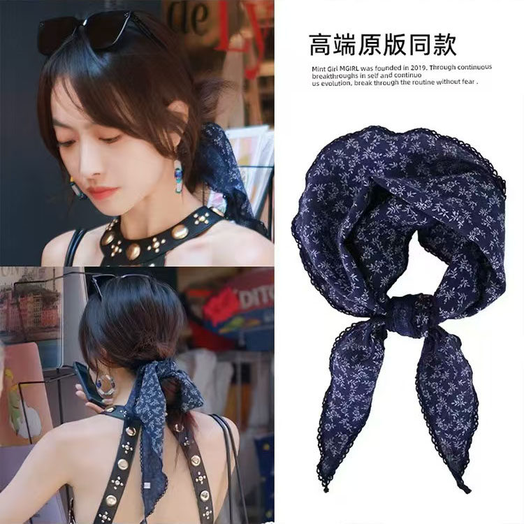 花儿与少年宋茜同款碎花绑发丝巾发带藏青印花小领巾2025新款发饰